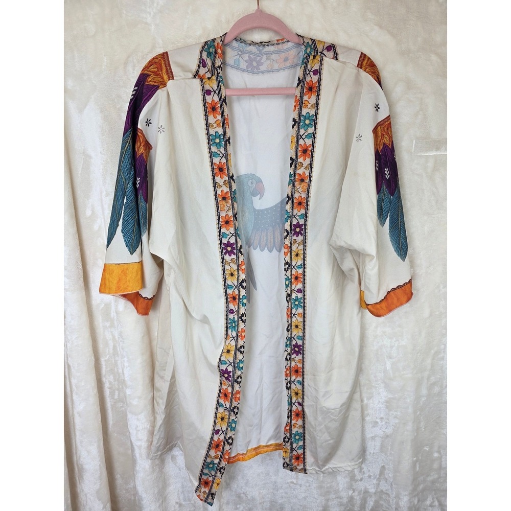 Boho Parrot Graphic Open Front Kimono Cardigan White 4XL Floral Trim Summer Wrap